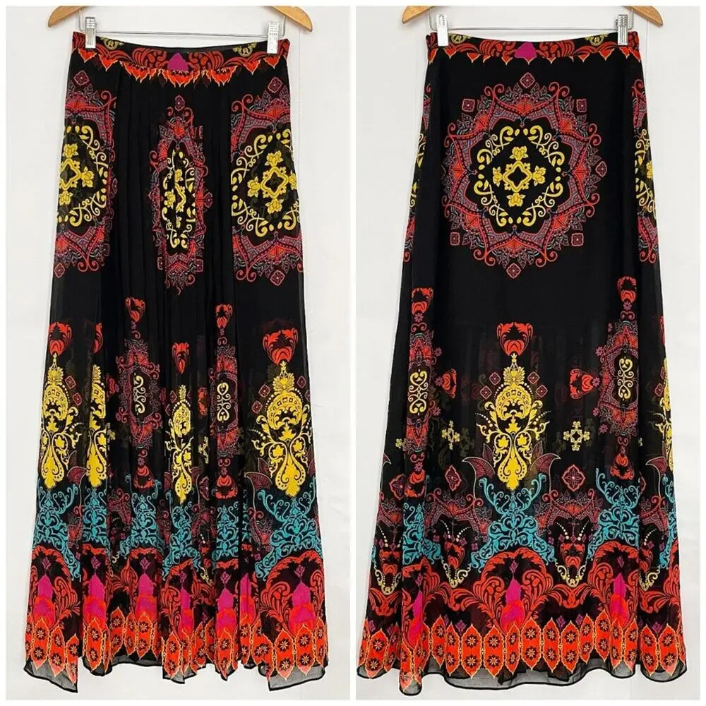 Bebe Maxi Skirt Pleated Chiffon Flowy Boho Colorful Bohemian Size 8 Black Multi